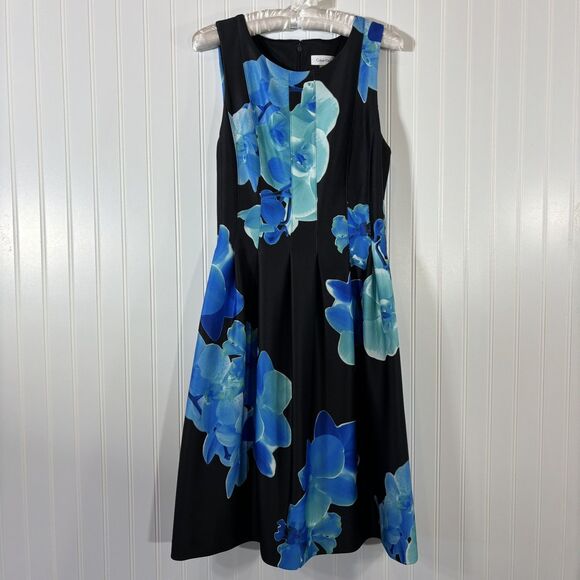 Calvin Klein Dresses & Skirts - Calvin Klein Blue Black Sleeveless Floral Fit & Flare Cocktail Dress Sz 8 Spring